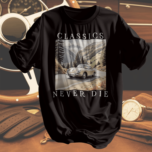 CLASSICS NEVER DIE T-shirt svart inspirerad av klassiska bilar