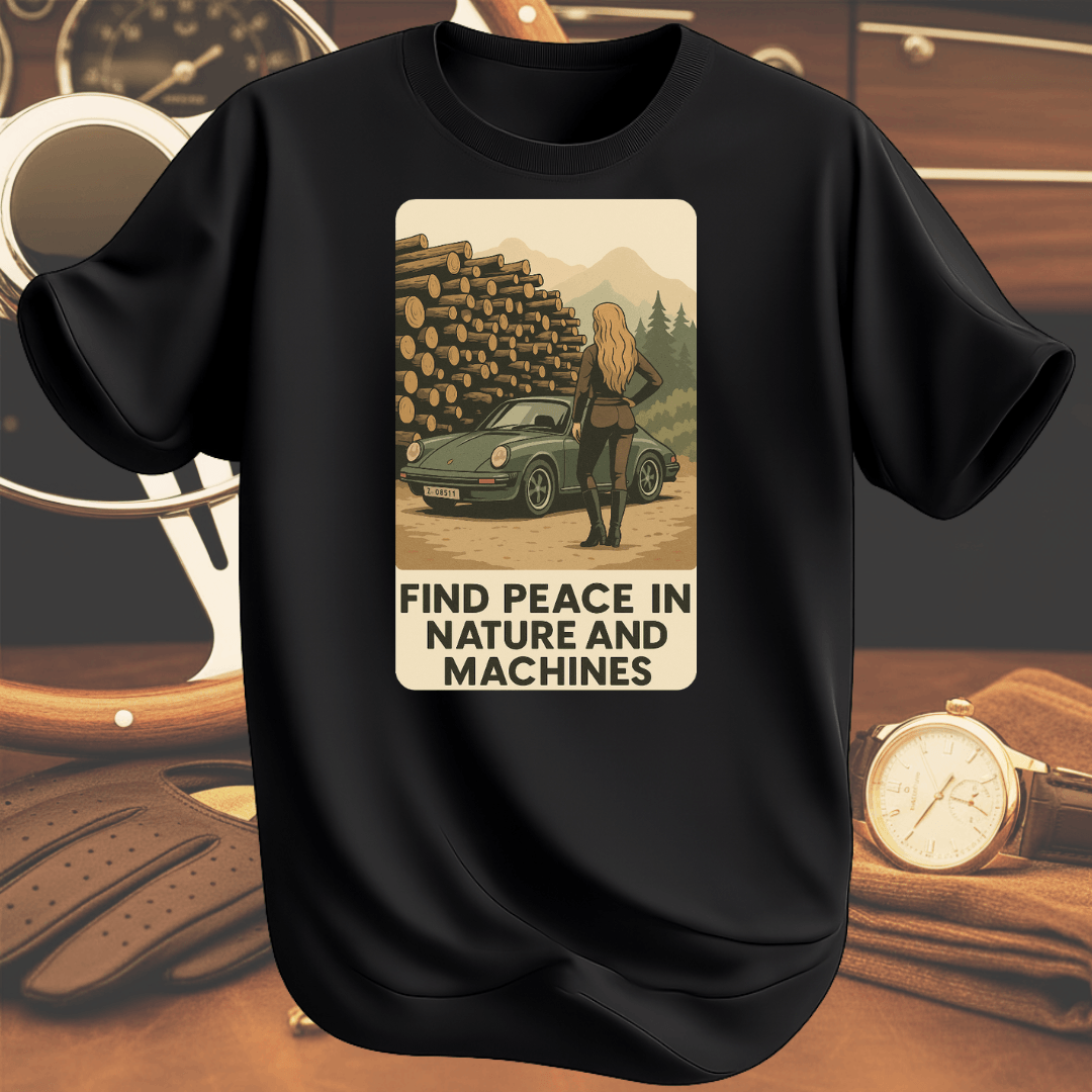 FIND PEACE IN NATURE AND MACHINES T-shirt svart inspirerad av natur, maskiner och klassisk bilkultur